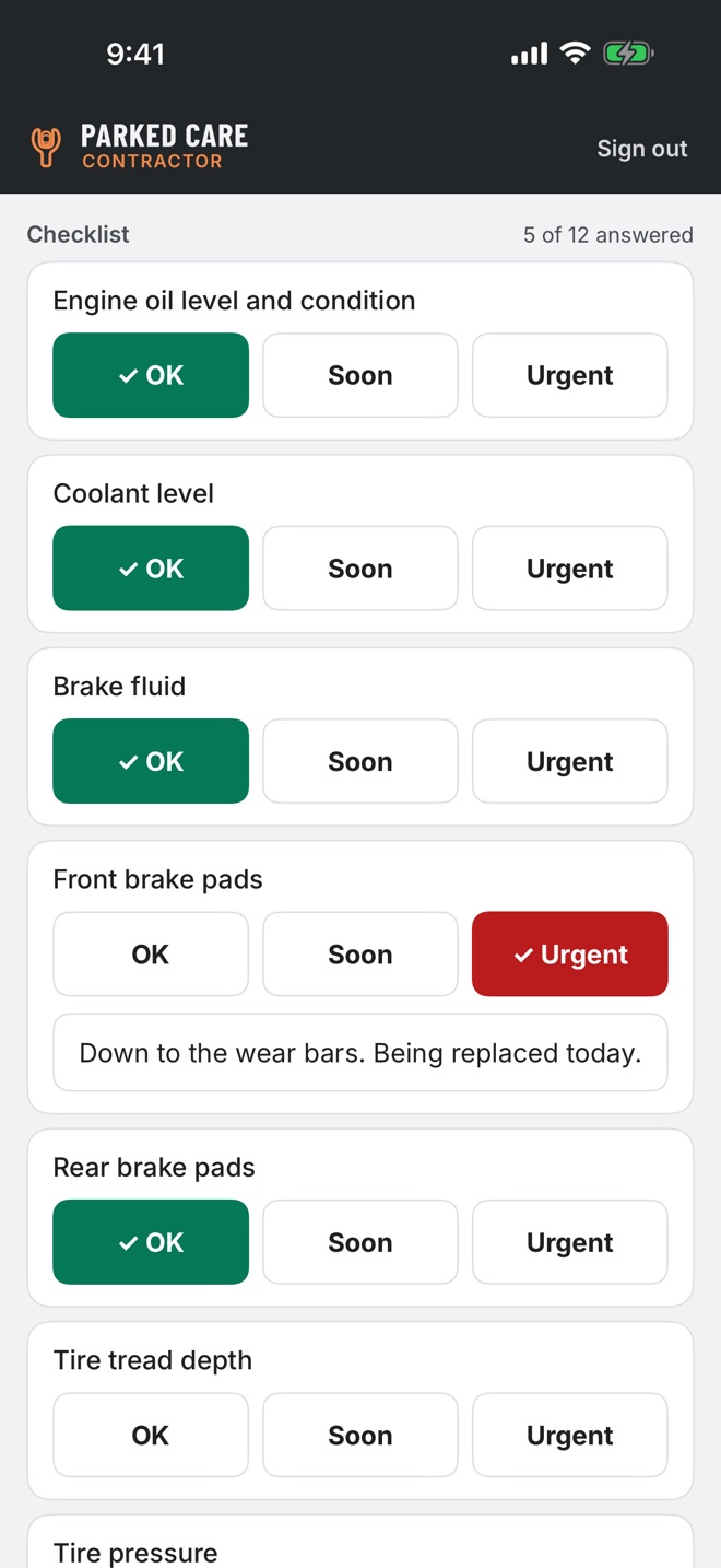 Parked Care, contractor app — the mechanic’s inspection checklist part-way through: each item answered OK, Soon or Urgent, with a note against the front brake pads