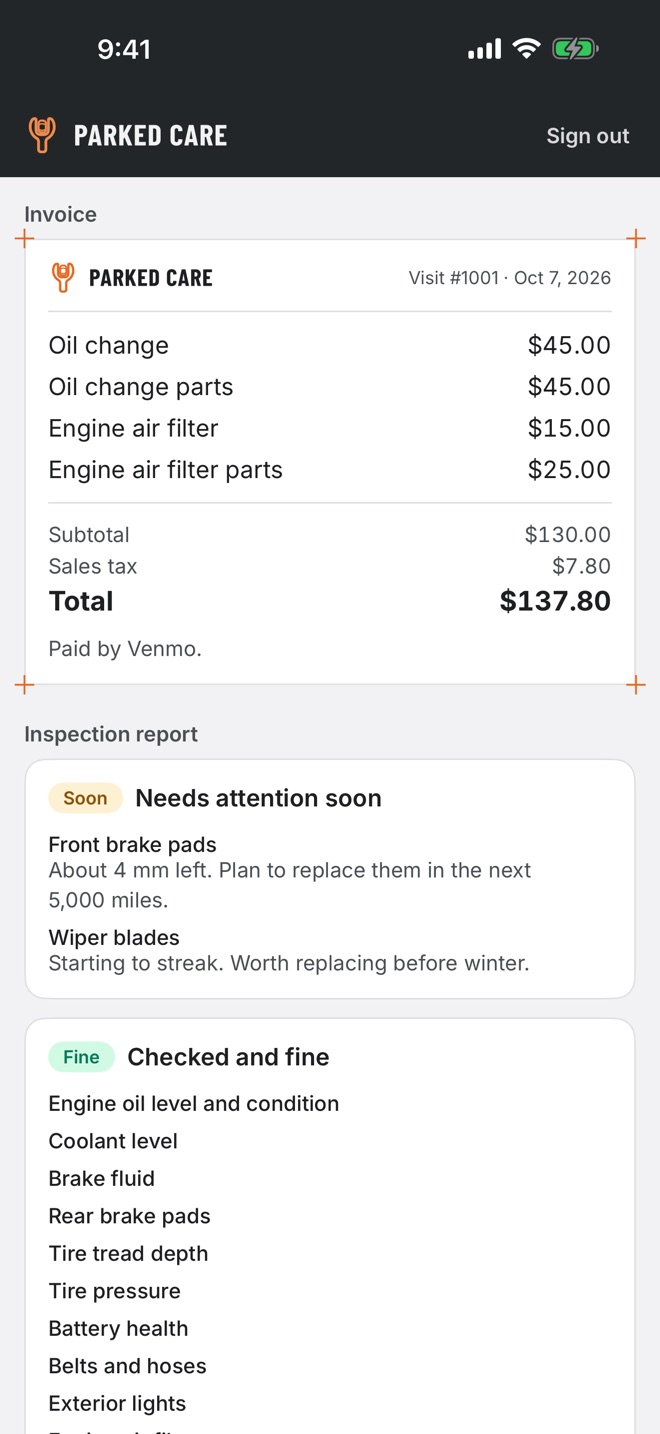 Parked Care, customer app — a finished visit: the itemised invoice, and an inspection report sorted into what needs attention soon and what was checked and fine