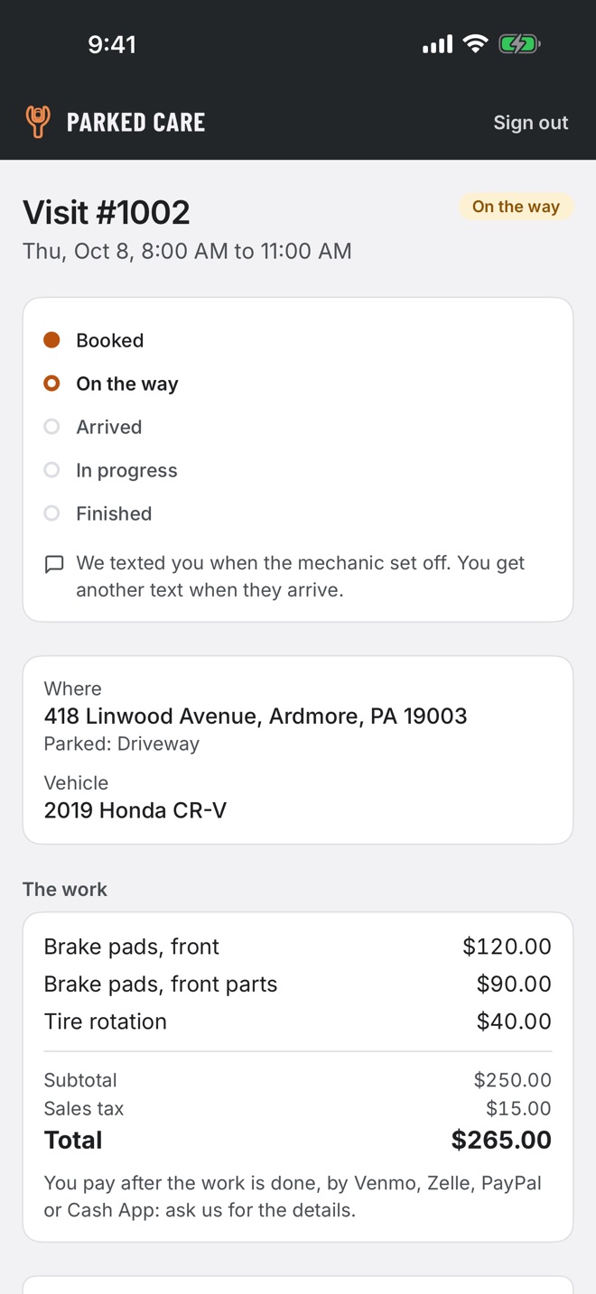 Parked Care, customer app — visit #1002 on the way: a tracker running from booked to finished, where the car is parked, and the work with its subtotal, sales tax and total