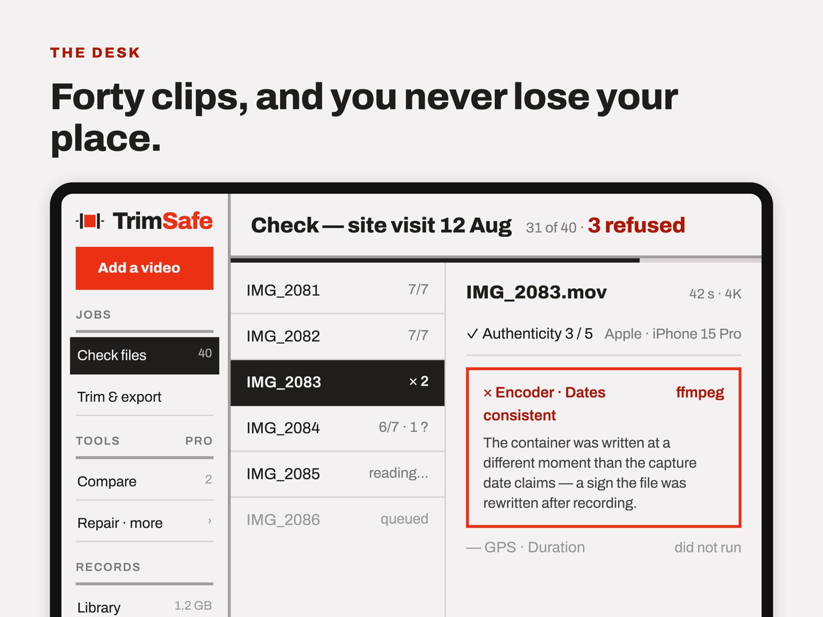 TrimSafe on iPad: a three-column layout — jobs and tools in the sidebar, a queue of forty clips in the middle, and the selected file’s findings on the right, with one clip refused for an inconsistent encoder date