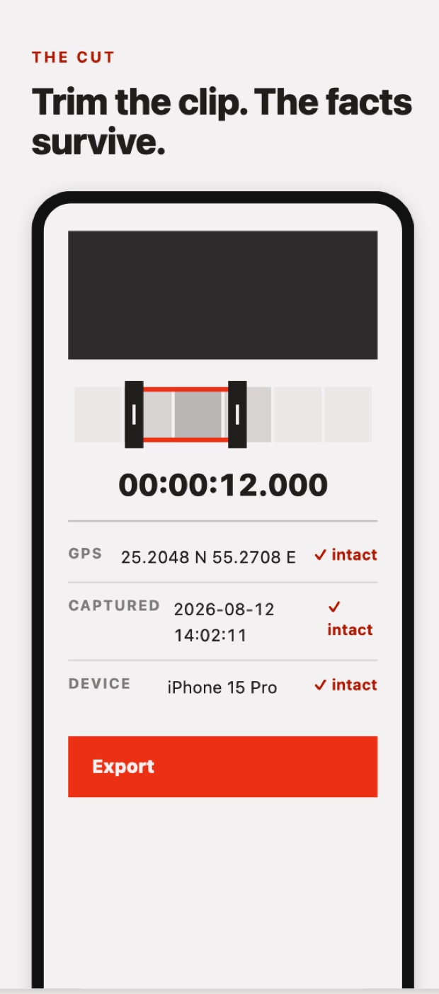 App Store screenshot: “Trim the clip. The facts survive.” — a 12.000 second trim window with GPS, capture time and device each marked intact, above the Export button